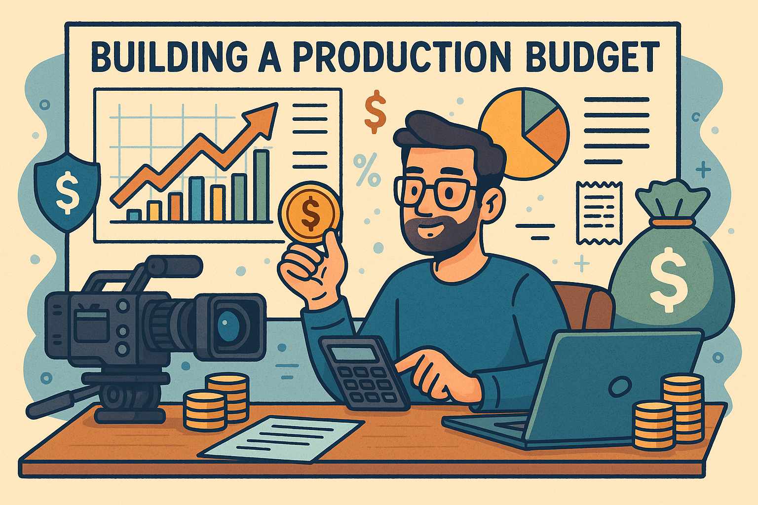 Cartoon illustration of a producer planning a film budget on a whiteboard